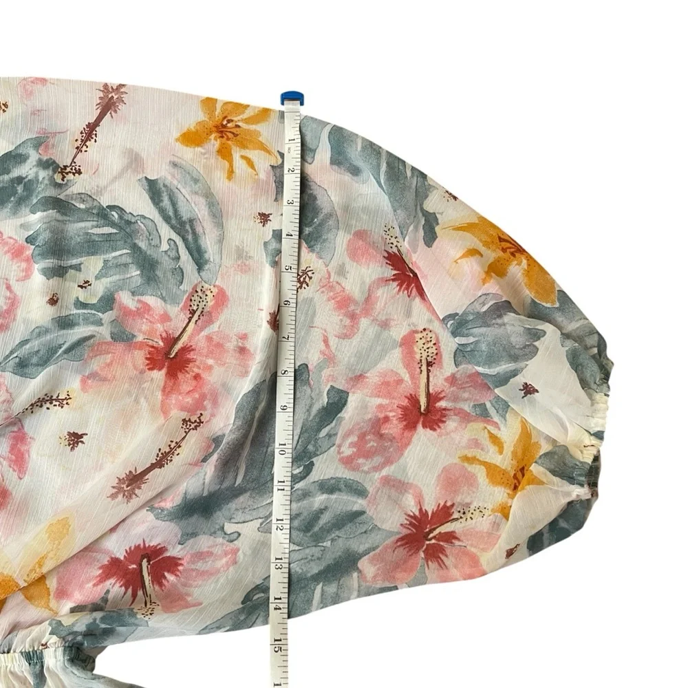 Sweet Rain Floral Chiffon Tunic L Boho Beach Cover-Up V-Neck Drawstring Waist